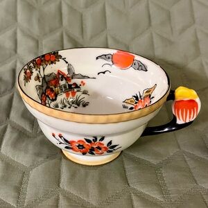 Vintage Porcelain Tea Cup Orange Flowers & English Country House Made in Japan